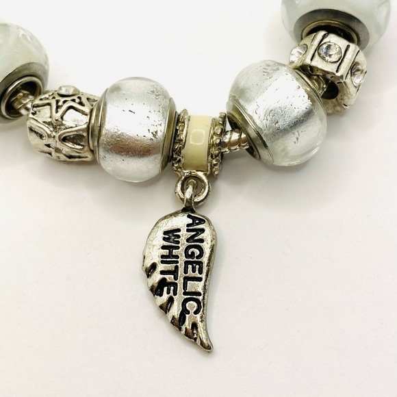 Charm Bracelet White Glass Beads Silver Tone 8” - Picture 2 of 5